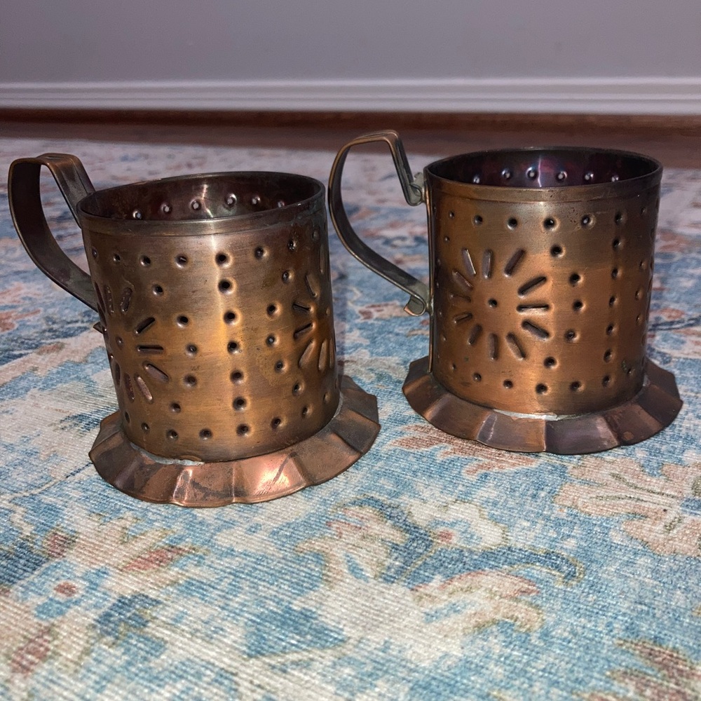 2 vintage Pfaltzgraff Village 4 7/8" 8 oz. Cup or Mug & Punched Copper Holders